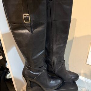 Cole Haan Black Leather Heeled Boots with Gold Accent